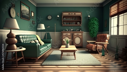 Retro style living room interior with oldschool leather sofa and wooden furnitures. Generative AI