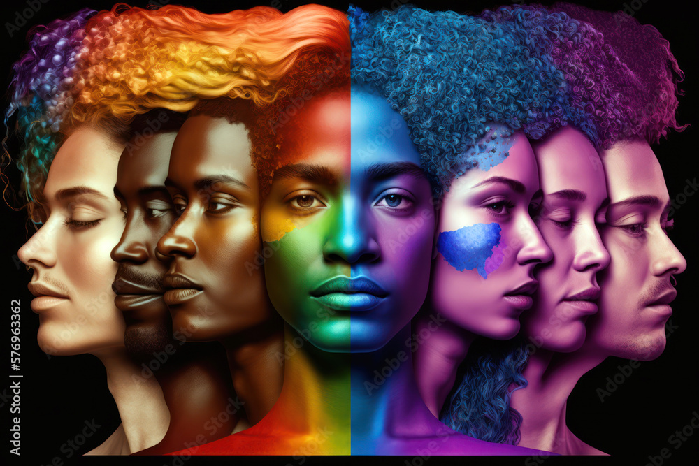 LGBTQ people faces in rainbow colors, gay pride festival, Generative AI LGBTQ people faces in rainbow colors, gay pride festival, Generative AI