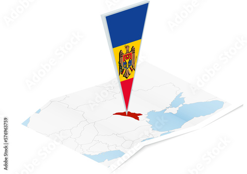 Moldova map with triangular flag in Isometric style.