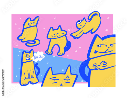 Yellow cartoon drawing cats on a blue and pink background. Drawing for bunner