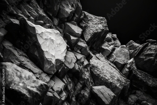 Black white stone background. Dark gray grunge banner. Mountain texture. Close-up. Volumetric. Rock background with space for design. Detail.