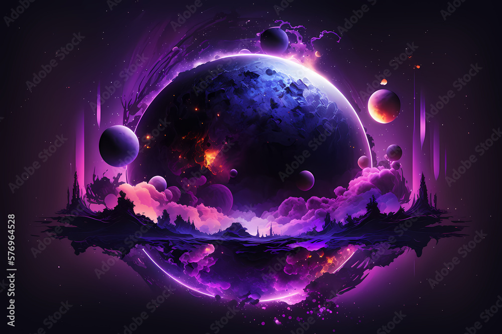 Purple moon in space. Abstract space illustration, Fantasy galaxy concept. Generative AI