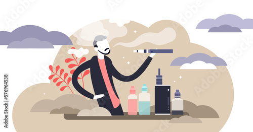 Vaping illustration, transparent background. Flat tiny alternative smoking device person concept. Analog nicotine intake with vape cigarette as modern dangerous addiction. Toxic unhealthy habit.