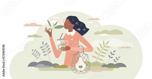 Vegan lifestyle with natural organic food and green thinking tiny person concept, transparent background.Bio habits in daily life with sustainable resource consumption illustration.