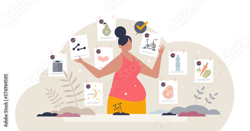 Weight loss tips with healthy habit change suggestions tiny person concept, transparent background. Control body weight and obesity with sport activities, workout, diet and good sleep illustration. © VectorMine