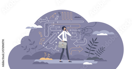 Confusion about future business strategy and direction tiny person concept, transparent background.Worried businessman thinking about right opportunity path illustration.