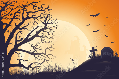 Halloween background, spooky tree and haunted cemetery with moonlight on orange background