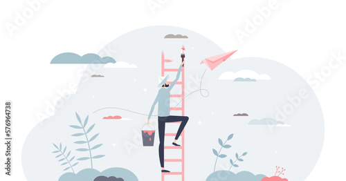 Creating opportunity with personal development and growth tiny person concept, transparent background. Leadership progress as painting potential ladders with determination.