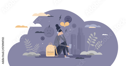 Depressed teenager girl with sad emotion and upset feeling tiny person concept, transparent background. Anxiety and frustration expression as psychological mental problems for youth illustration.