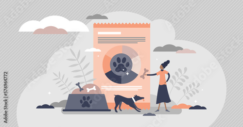 Dog food meal with bones and tasty nutrients eating flat tiny persons concept, transparent background. Domestic pets diet.