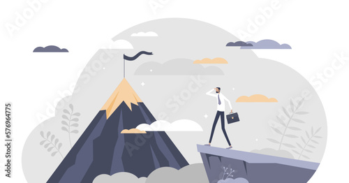 Eyes on goal saying visualization as focused concentration to business target tiny person concept, transparent background.