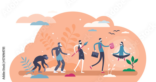 Evolution sequence stages concept, flat tiny person illustration, transparent background. Human growth from primitive caveman to homo sapiens to modern person to balanced, enlightened and meditative.