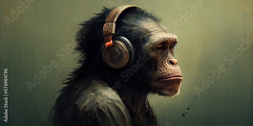 Chimpanzee listening to music with headphones Fototapet