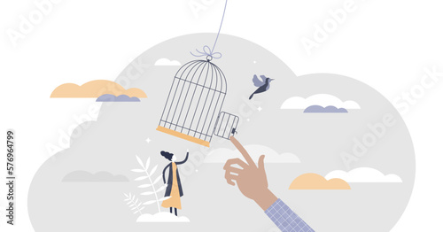 Freedom gaining by release from capture and fly away tiny persons concept, transparent background.