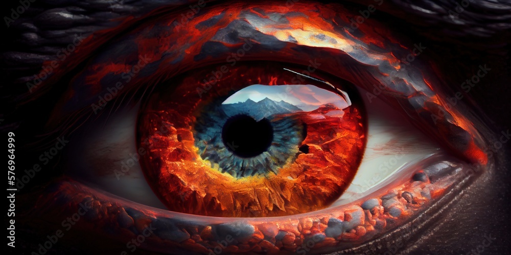 Eye, close-up. Lava eye. Fire eye. Red eye. Generative AI
