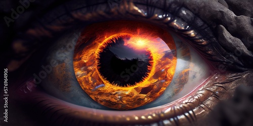 Eye, close-up. Lava eye. Fire eye. Red eye. Generative AI
