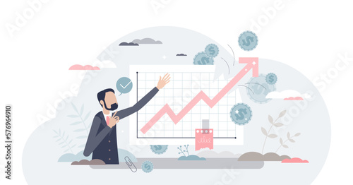 Income growth presentation and showing financial stats tiny person concept  transparent background. Business progress profit and revenue improvement illustration.