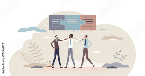 Mediation as deal negotiation and third party solution in dispute or conflict situations tiny person concept, transparent background.