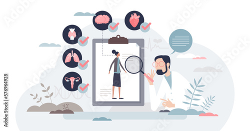 Medical check up and organ health inspection or diagnosis tiny person concept, transparent background. Medical wellness research with patient examination illustration.