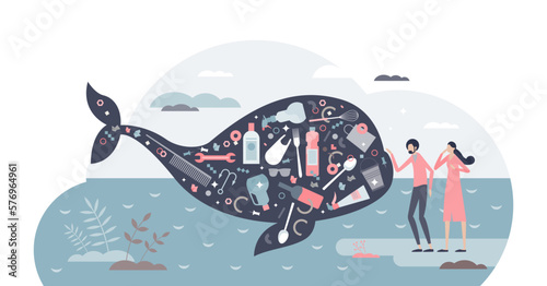 Ocean pollution and plastic concentration as whale danger tiny person concept.