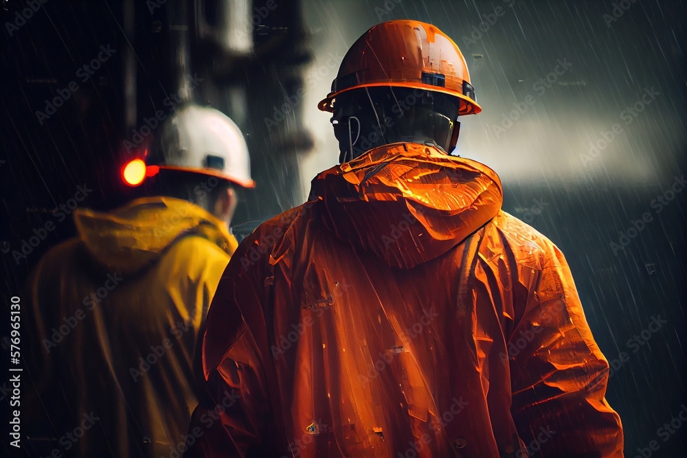 Industrial workers in orange overalls and helmets watches the work of an  oil rig. View from the back, oil rig in background, night, rain, stormy  weather. Generative AI Illustration Stock