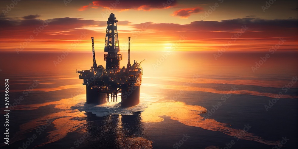 Oil rig in the open sea at sunset. A jack up drilling rig with oil ...