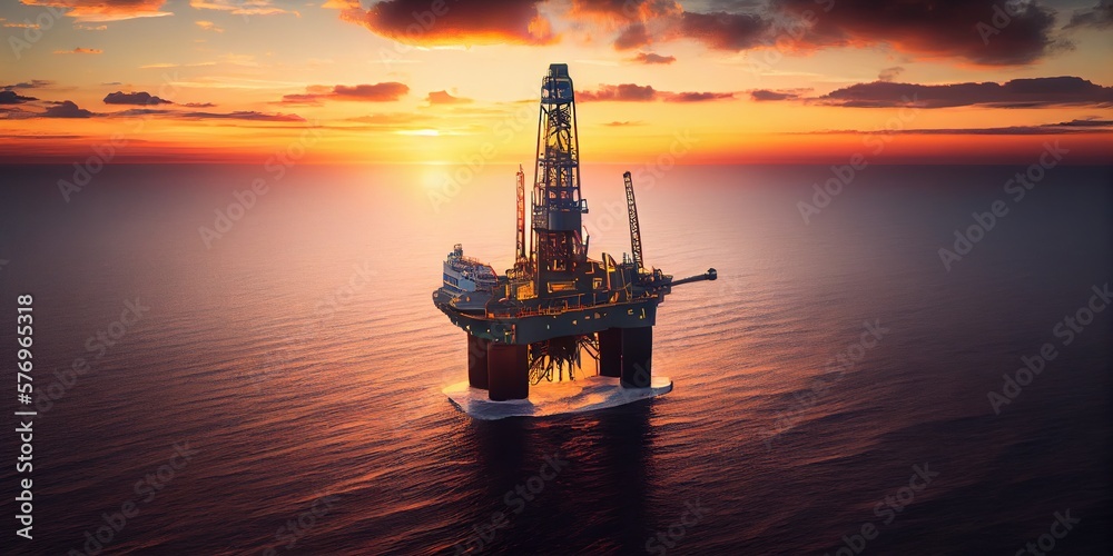 Oil rig in the open sea at sunset. A jack up drilling rig with oil spilling, beautiful sky. Offshore petroleum platform oil rig. Aerial view offshore drilling rig jack up. Generative AI