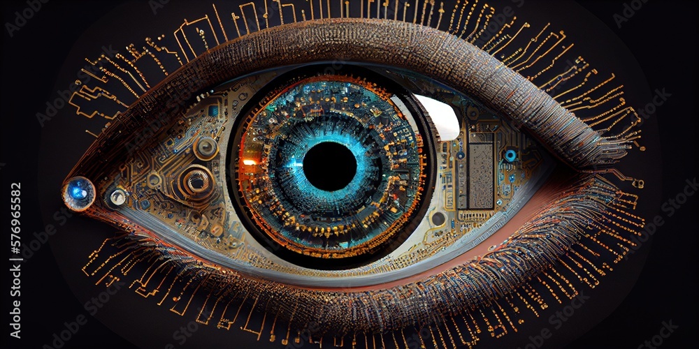 Eye of artificial intelligence, eye of a robot. Tracking camera in the form of an eye. Futuristic future concept. Generative AI