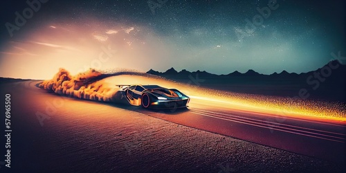 Sports car at high speed, puffs of smoke. Futuristic image of a sports car. Generative AI 