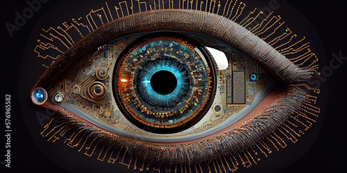 Eye of artificial intelligence  eye of a robot. Tracking camera in the form of an eye. Futuristic future concept. Generative AI