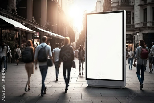 Commuters walking by a blank street-side billboard in a busy urban setting, highlighting advertising space.