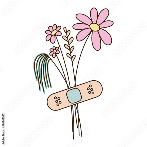 a bouquet of flowers glued with a medical band aid