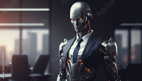 A humanoid robot android in a business suit