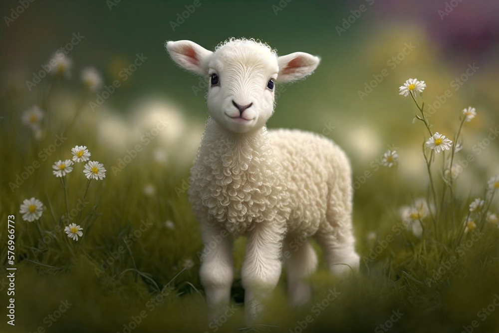 A young lamb stands amidst daisies, symbolizing innocence and the freshness of spring. A young lamb stands amidst daisies, symbolizing innocence and the freshness of spring.