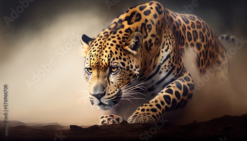 Majestic jaguar or leopard sneaking in the clouds of dust. photorealistic generative art