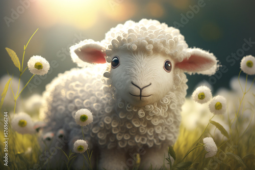 Adorable lamb in a sunny meadow with daisies, a serene and pastoral spring scene © Liana