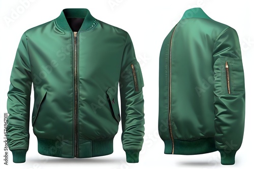 blank green varsity bomber jacket, generative ai, zip jacket front view template, baseball sportswear mockup