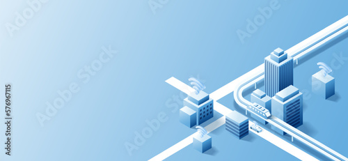 3D isometric building on urban city  background. Digital technology with smart city concept. Vector art illustration