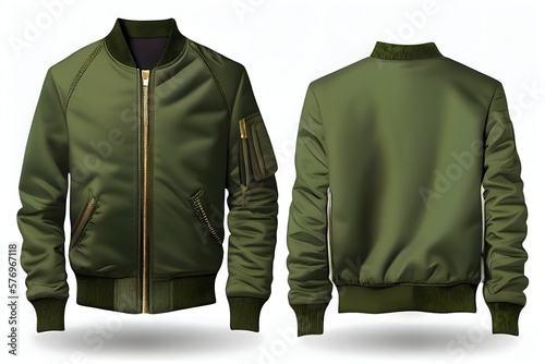 Blank Fern Green varsity bomber jacket isolated on white background, generative ai