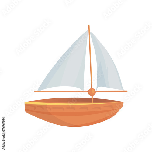Toy boat clipart with white velum isolated on white background. Vector illustration for travel blog, children illustration, cards, tags, child’s shop, baby shower.