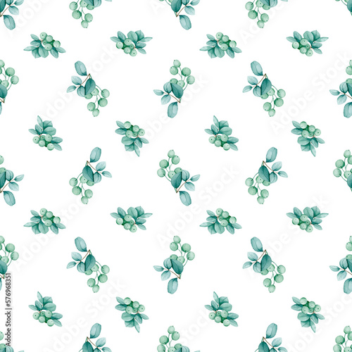 Seamless pattern with eucalyptus and berries on a white background. Watercolor ornament for cards, packaging, wrappers, stationery, fabric, textile. Wedding, birthday, anniversary design..