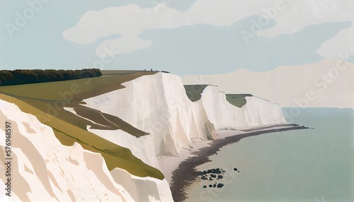 white cliffs by the ocean, generative ai art, flat art with pastel colours