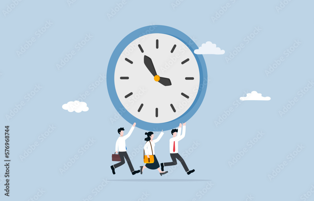 Team with effective time management, collaboration to prioritize tasks, set clear deadlines, and maximize productivity concept, Colleagues running together with holding timer clock. 