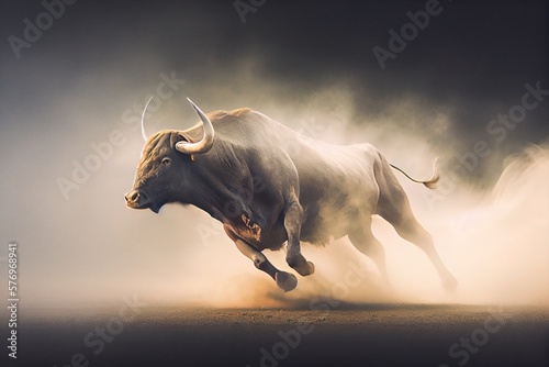Gorgeous bull running through the clouds of dust  stunning illustration generated by Ai  is not based on any original image  character or person