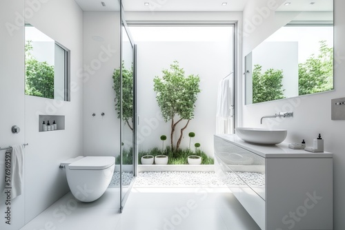White toilet  sink  and bathtub in a contemporary bathroom with a glass shower and white walls. Generative AI