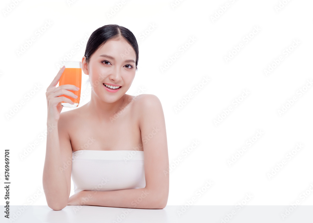 Portrait of Beautiful young woman holding orange juicy and smile isolated on white background. Portrait of Beautiful young woman holding orange juicy and smile isolated on white background.