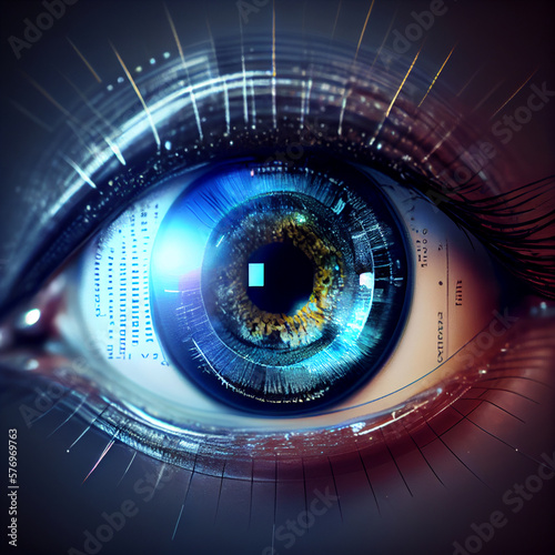 Security access technology/Eye viewing digital information represented by circles and signs, background depth of field. Technology concept. Created by AI tool.