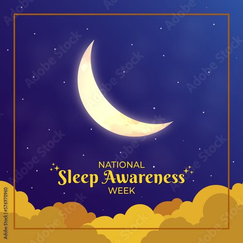 National Sleep Awareness Week Square Card Poster Vector Illustration. March Month Celebration. Realistic cloudy sky and moon design. Website header, promotion, banner, advertisement graphic resource
