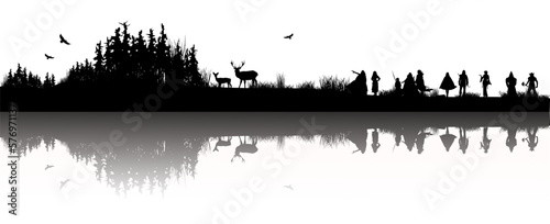 Silhouette mit Landschaft, Hirsch und Reh: Gruppe von zehn mittelalterlichen Fantasiefiguren