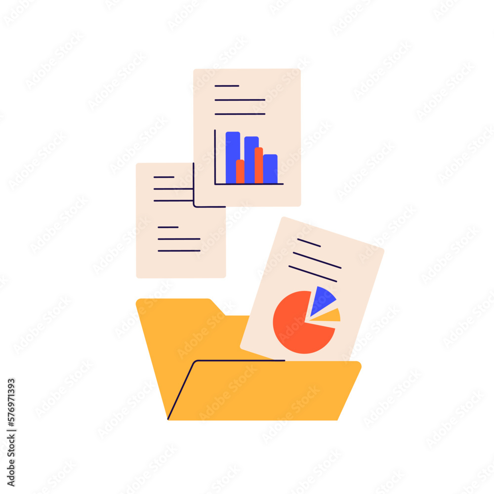 Documents from computer folder, business archive. Files, work papers, financial reports, accounting data, finance statistics information concept. Flat vector illustration isolated on white background